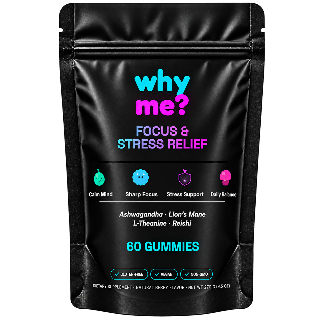 Why Me? Focus & Stress Relief – black pouch with 60 gummies